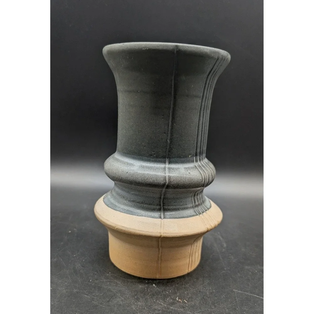 Signed Studio Pottery Brutalist Stoneware Vase Gray Sand Architectural 2022 7